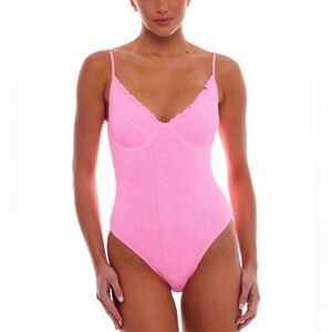 Love & Bikinis Malibu scalloped one-piece swimsuit in strawberry pink rose NWT